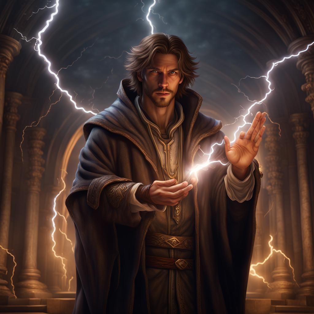 Young Wizard Conjuring Lightning, Dark Fantasy Art