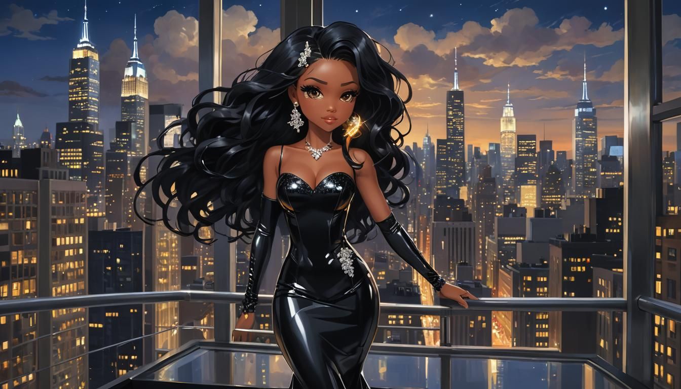 Black American Chibi Woman in NYC Penthouse, Anime Art