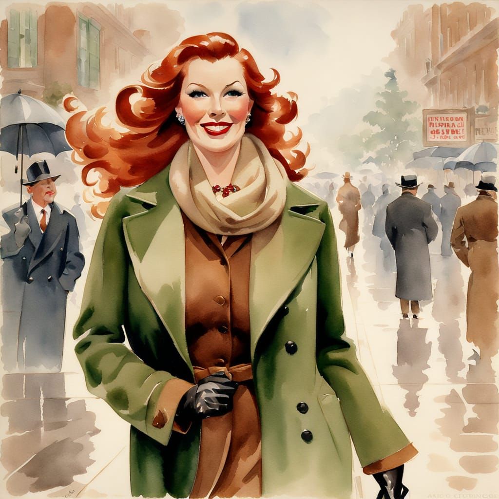 Happy Woman Walking in Fog, Watercolor Style