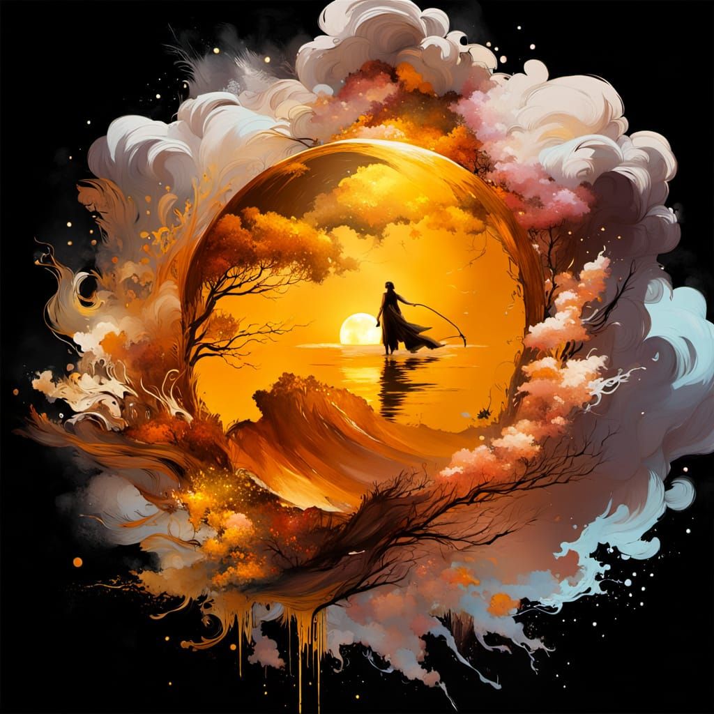 Golden Beach Eclipse with Moon and Mist