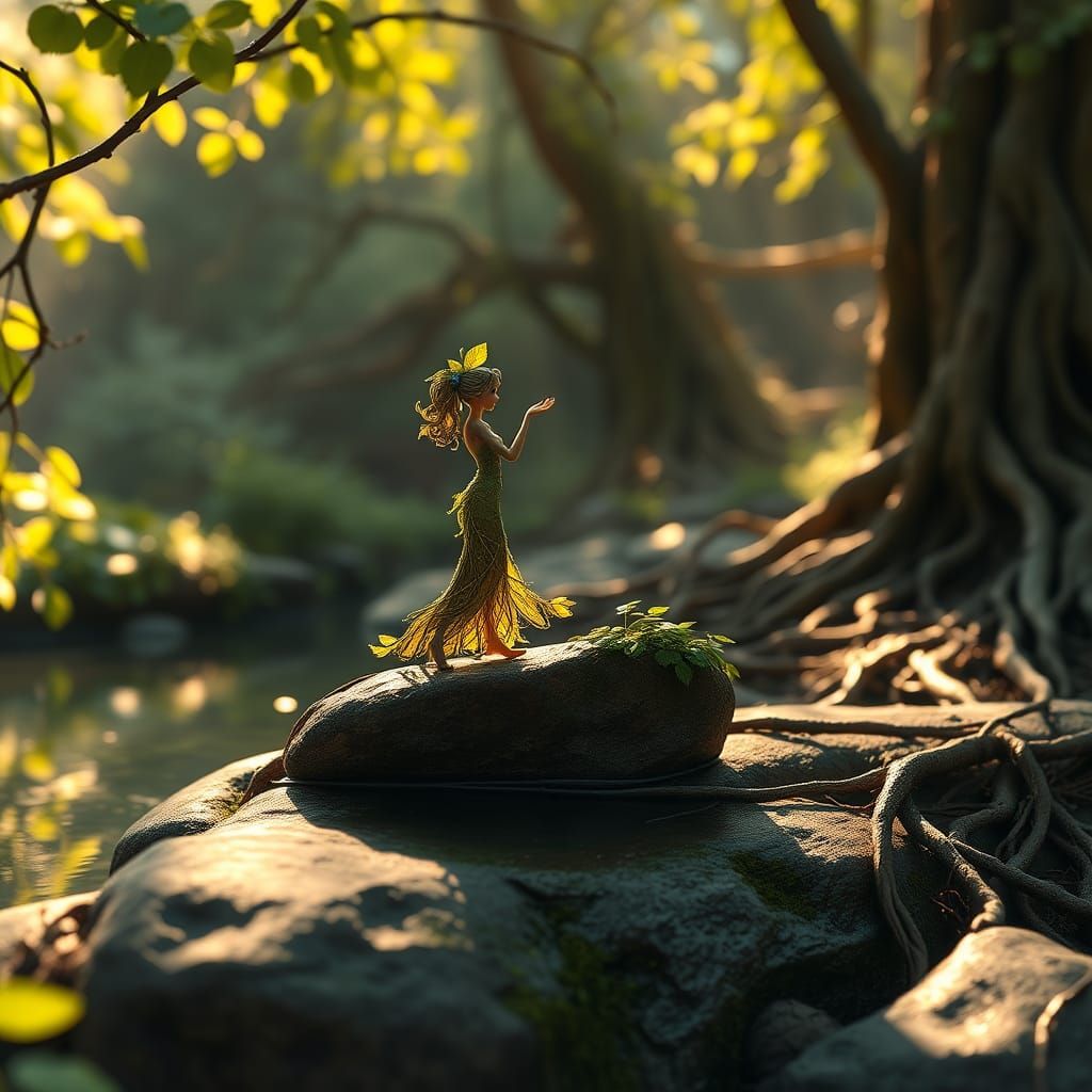 Leaf Couple Dance in Forest, Detailed Matte Painting