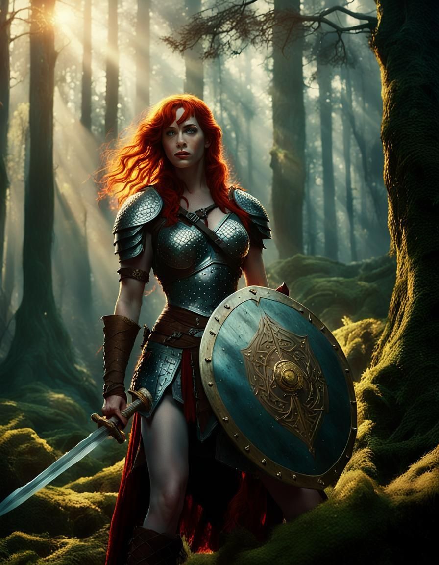 Red Sonja in Mystical Forest, Oil on Canvas Style