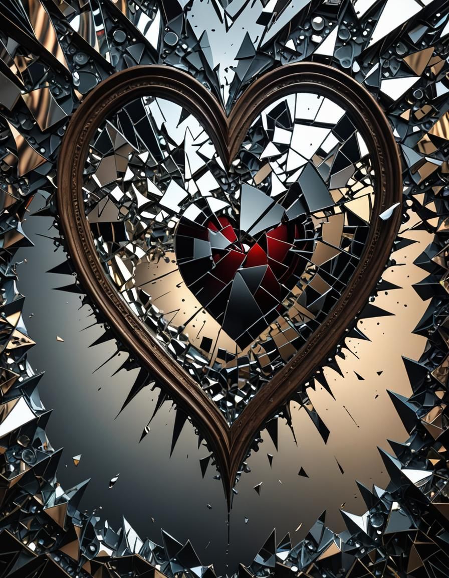 An abstract representation of a broken heart reflecred in the pieces of a shattered  mirror hanging on a wall producing a distorted and capti..., image size:896x1152