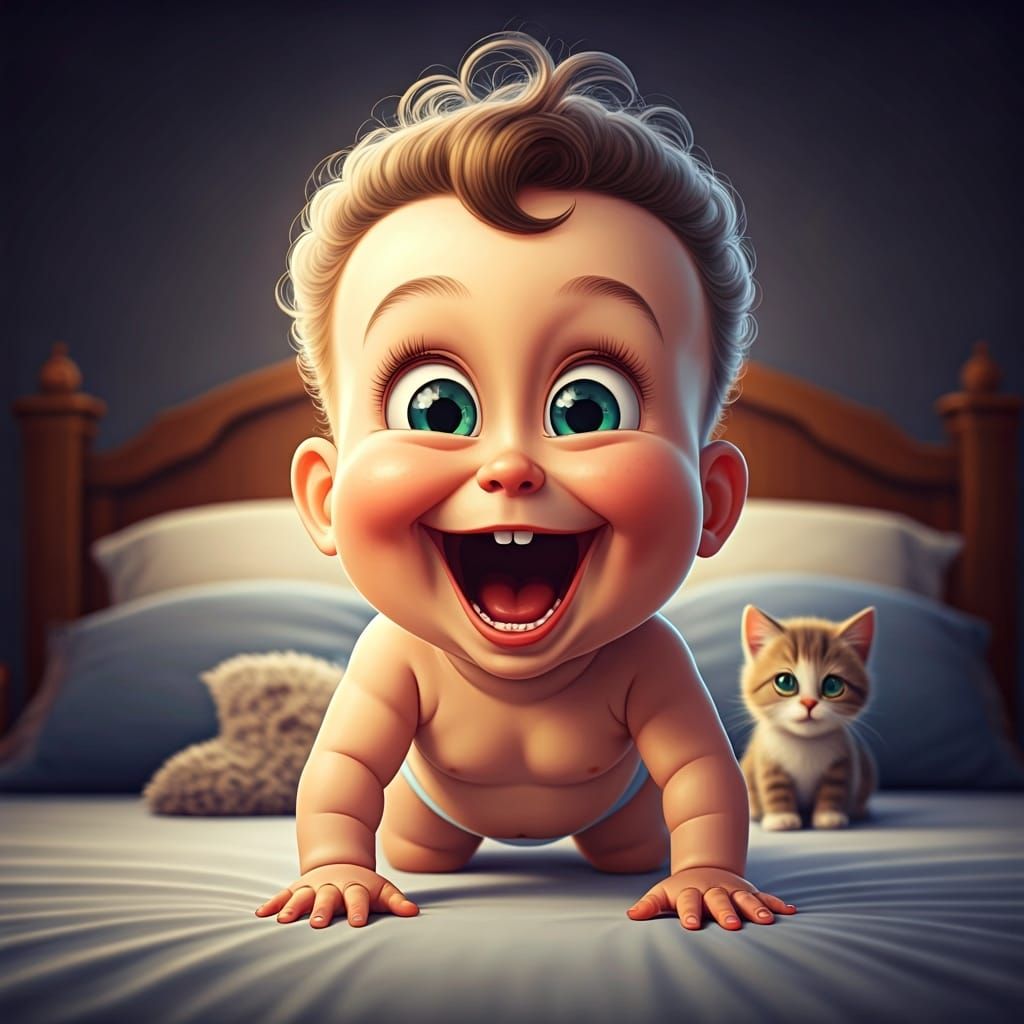 Laughing Baby and Kitten in Pixar-Style 3D Rendering