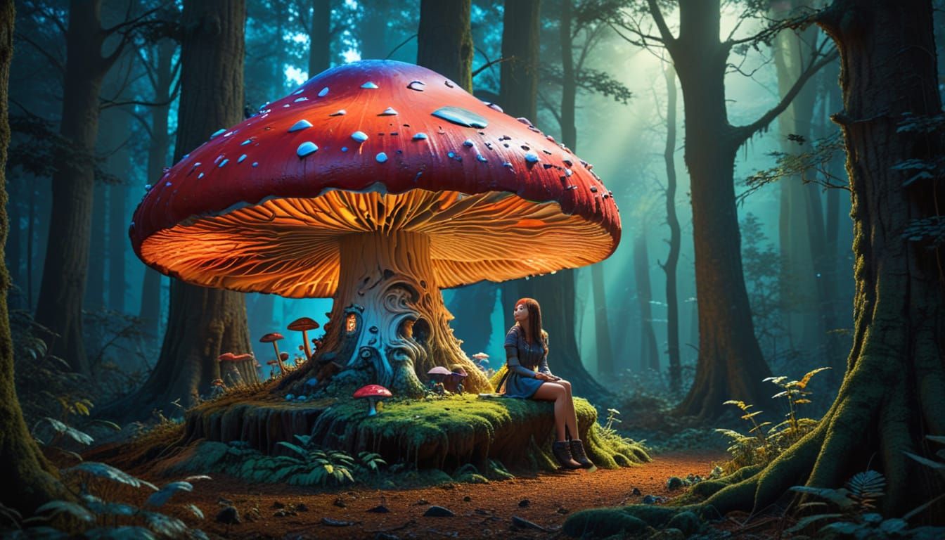 Surreal Sculpture of Girl Under Giant Mushroom