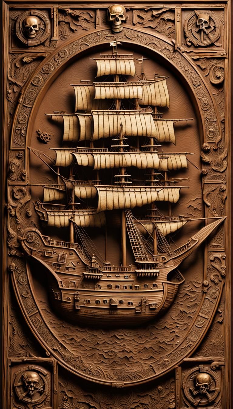 Wood carved (bas relief) round design of a (detailed pirate ...