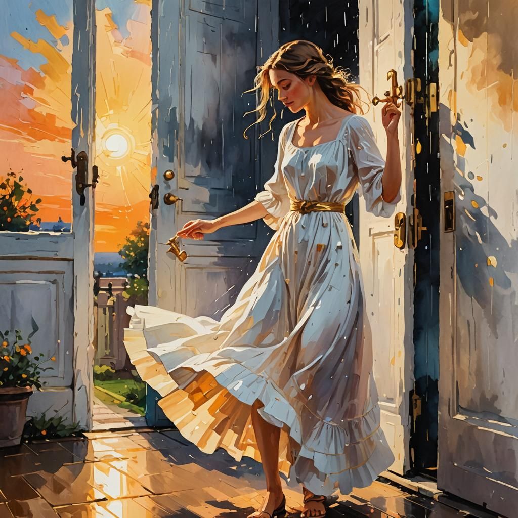 Woman Unlocks Sun Door: Impressionist Gouache Painting