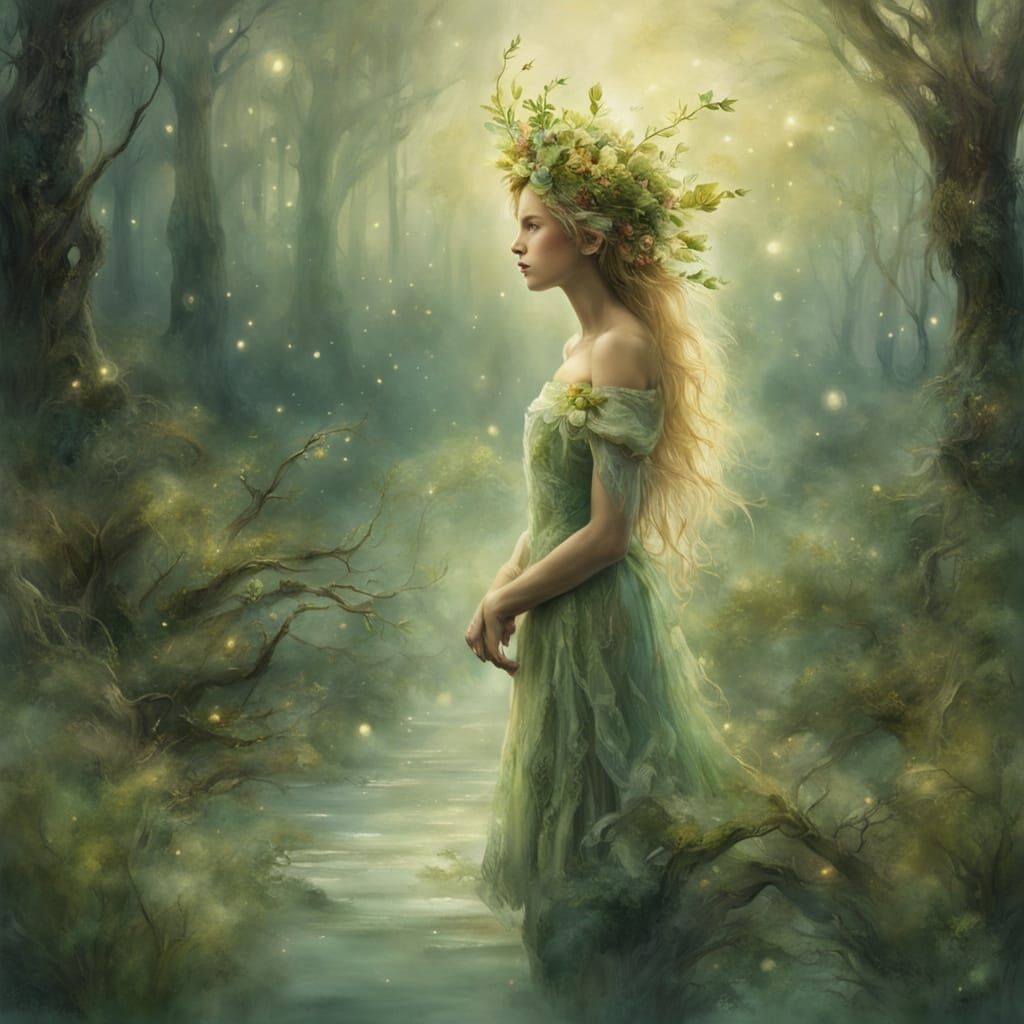 Mystical Swamp Fairy in Dreamy Watercolor Style