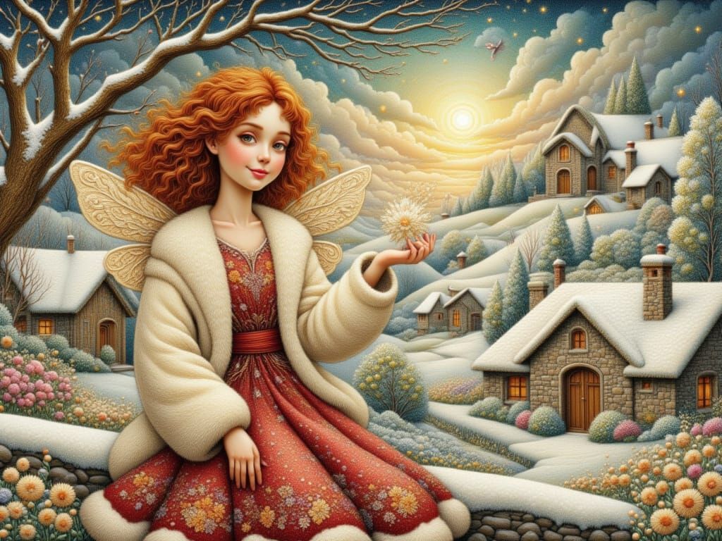 Whimsical Fairy Girl in Snowy Village