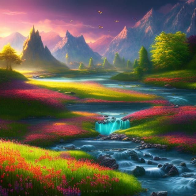 Dawn Serenity: Flower Meadows, Mountains, and Glass House