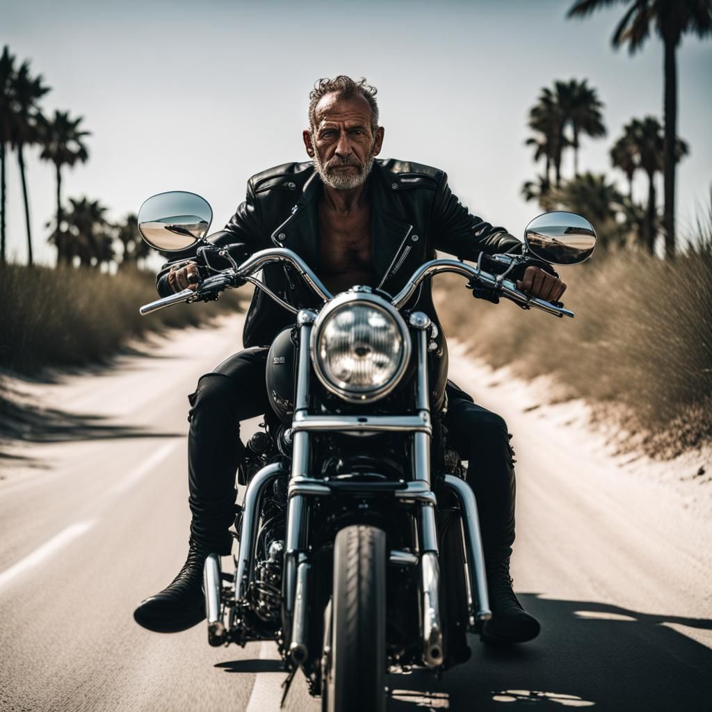 Motorbiker on Cruiser by Sandy Beach