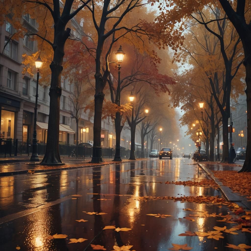 Rain-Soaked Cityscape in Autumn Colors