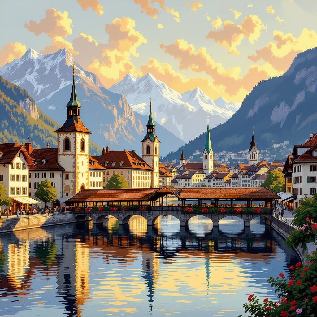 Lucerne Cityscape with Chapel Bridge, Swiss Alps
