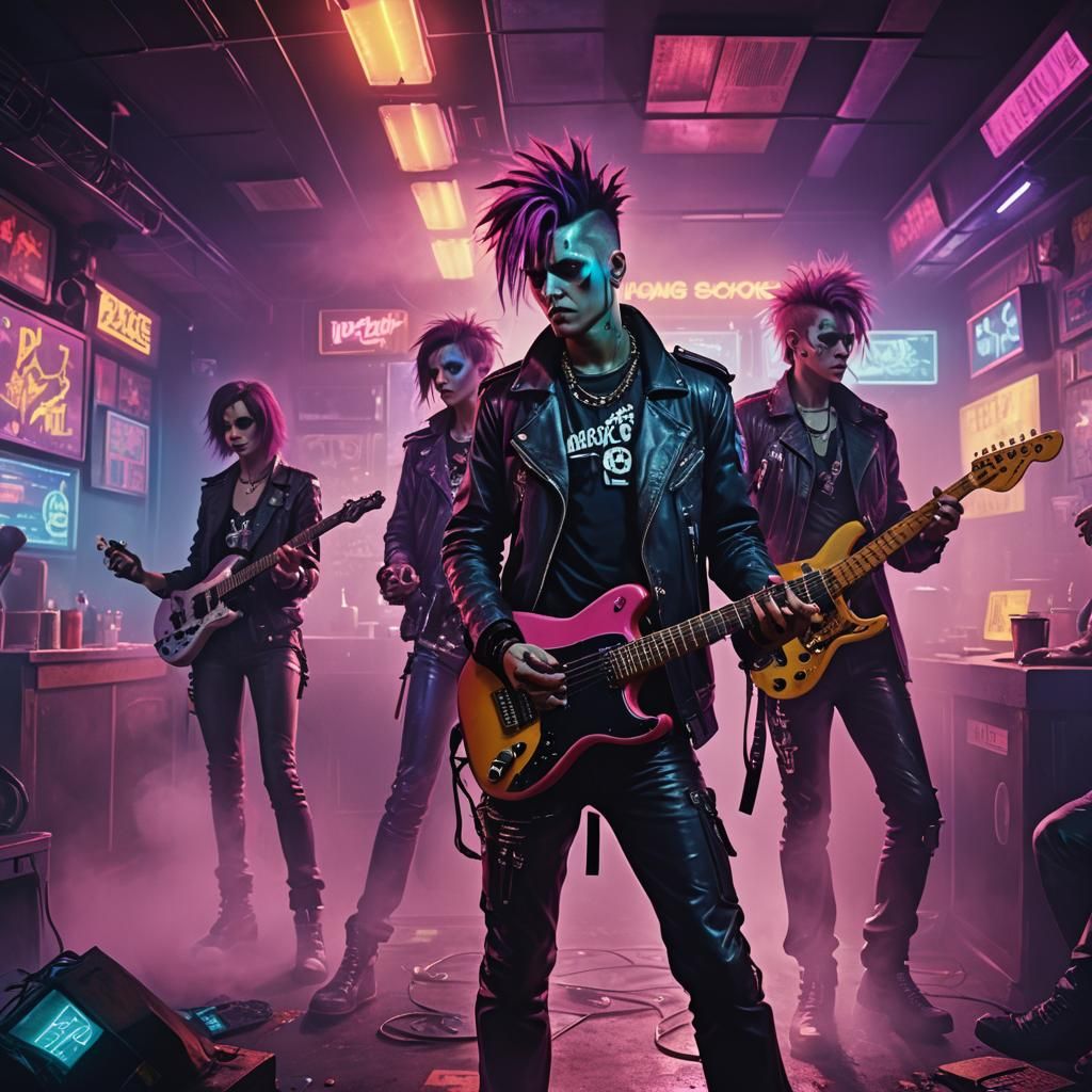 Cyberpunk Punk Band Performance in Smoky Bar