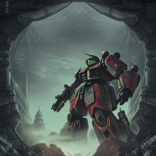 Giant Zaku in Escher Landscape, Art Nouveau Lithography