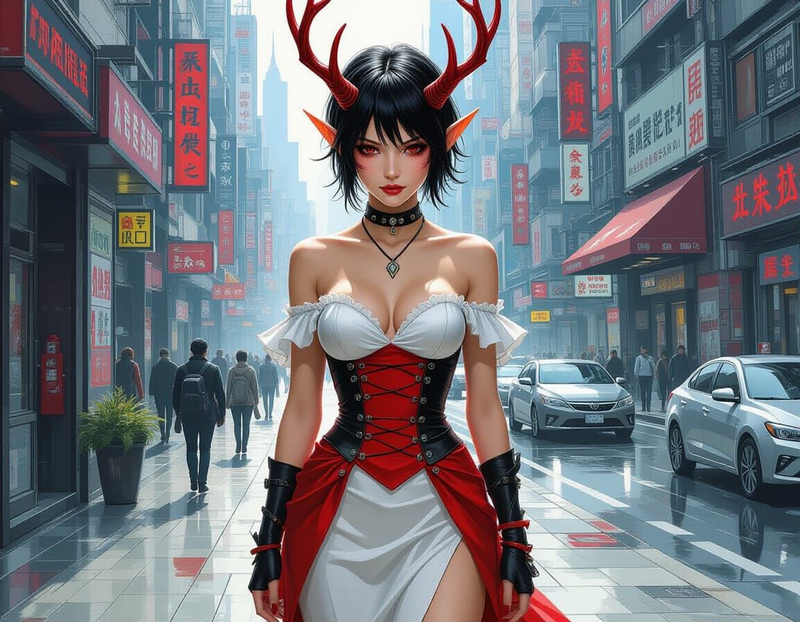 Red Eyed Elf Maiden in Cyberpunk City