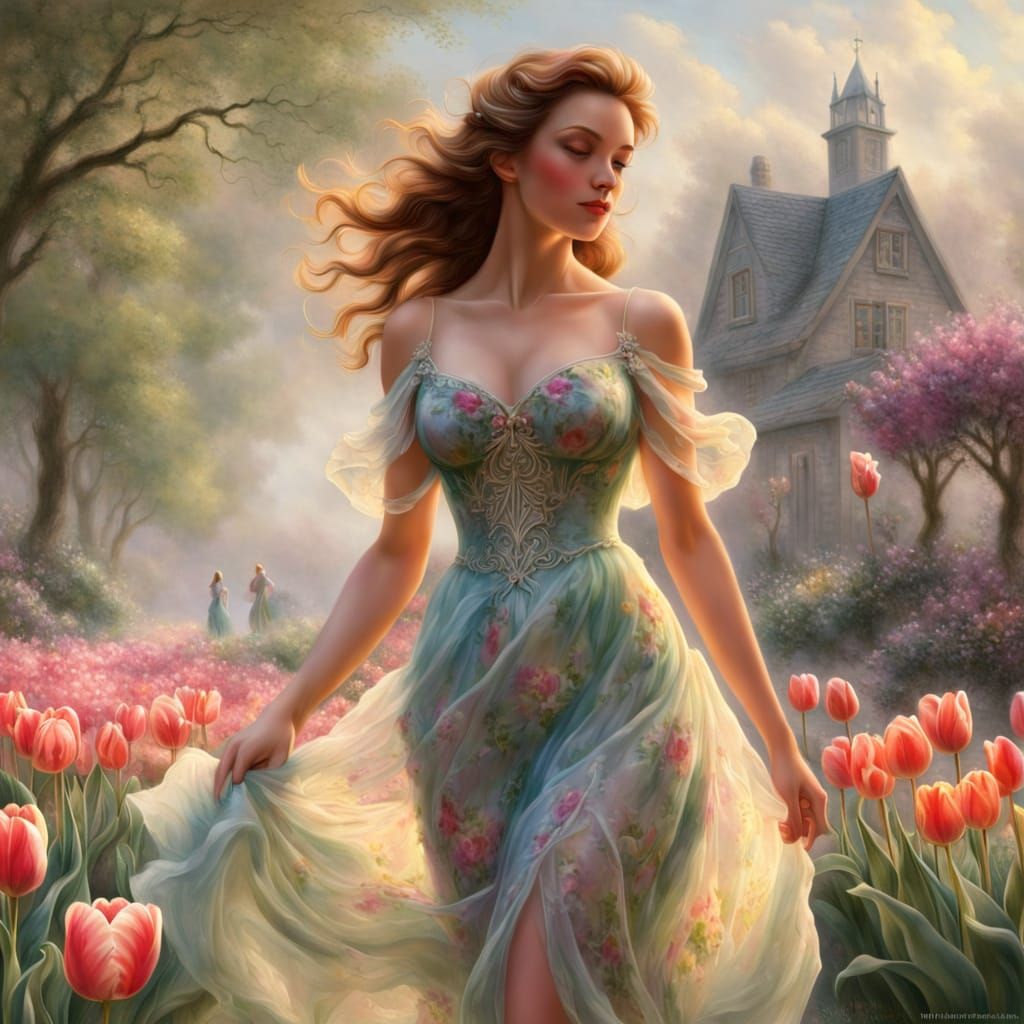 Woman with Tulip Head in Ethereal Fantasy Style