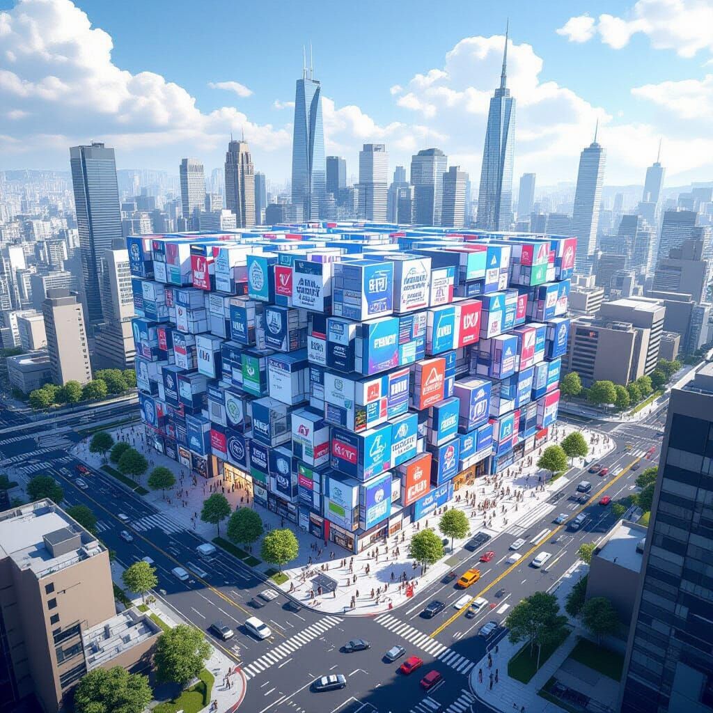 Futuristic Cityscape in Interconnected Squares