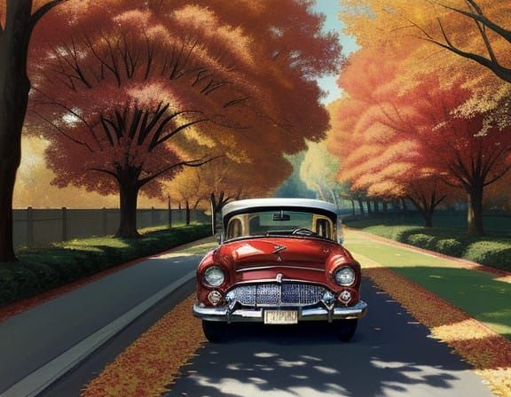 Vintage Convertible Against Autumnal Tree Line