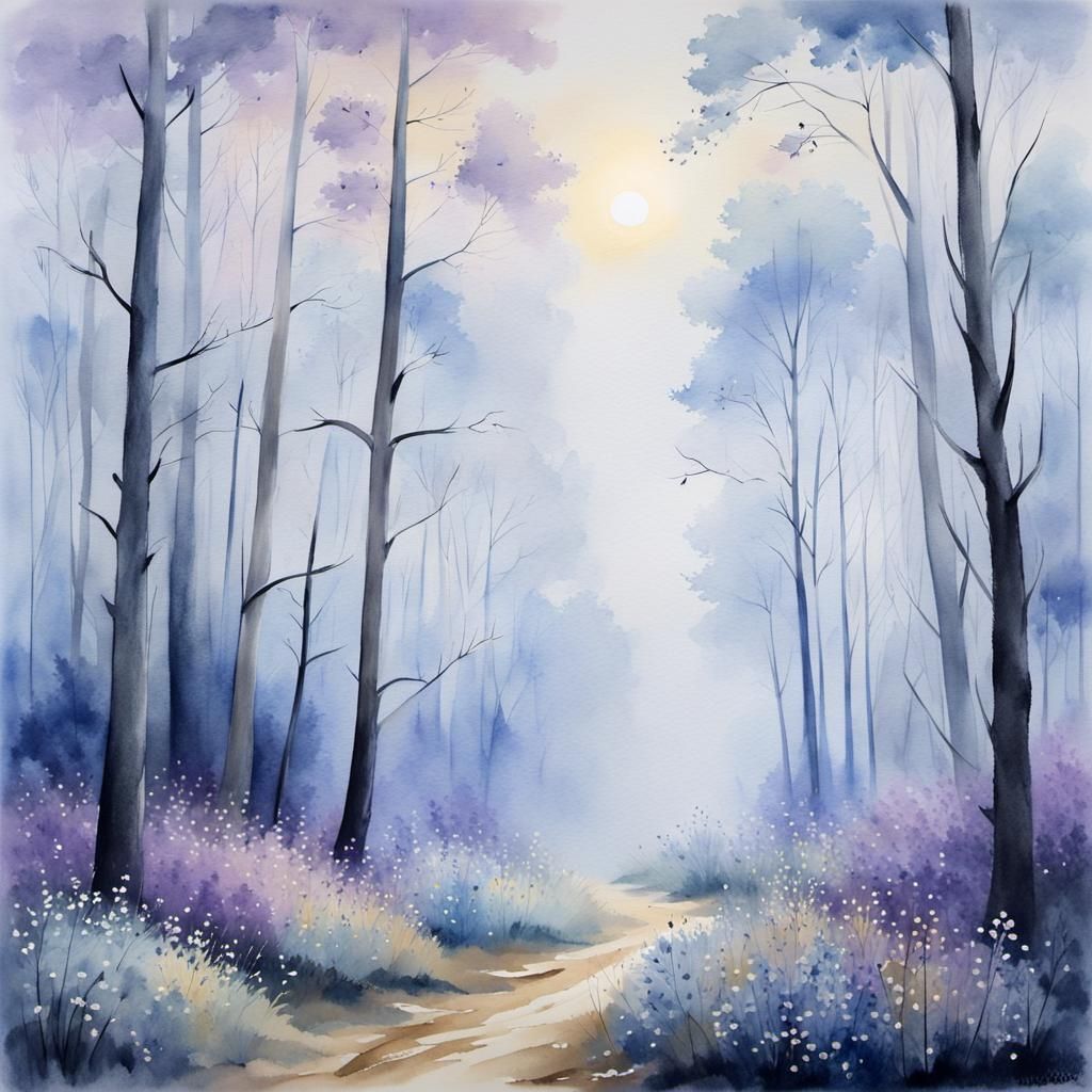 Misty Forest Dawn Watercolor Landscape
