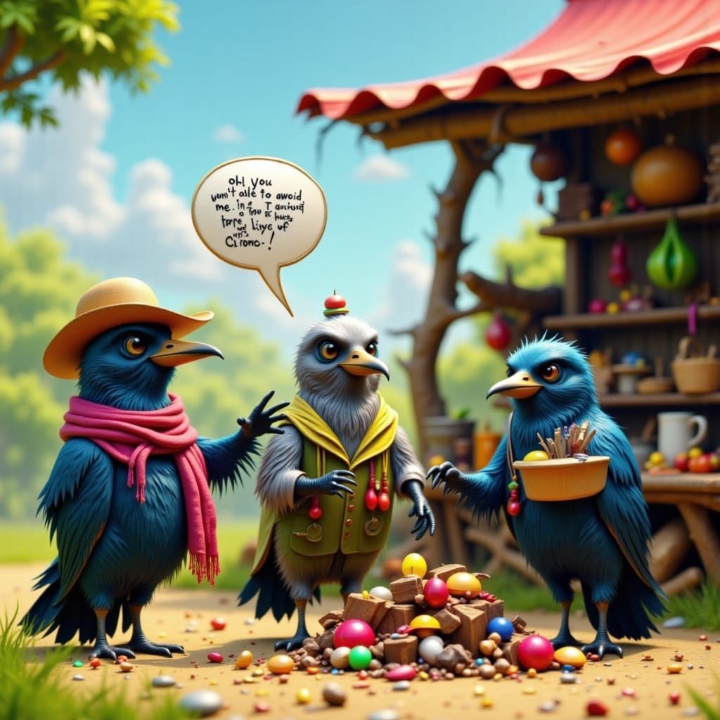 Cartoon Crows Bartering Hats, Pixar-style CGI
