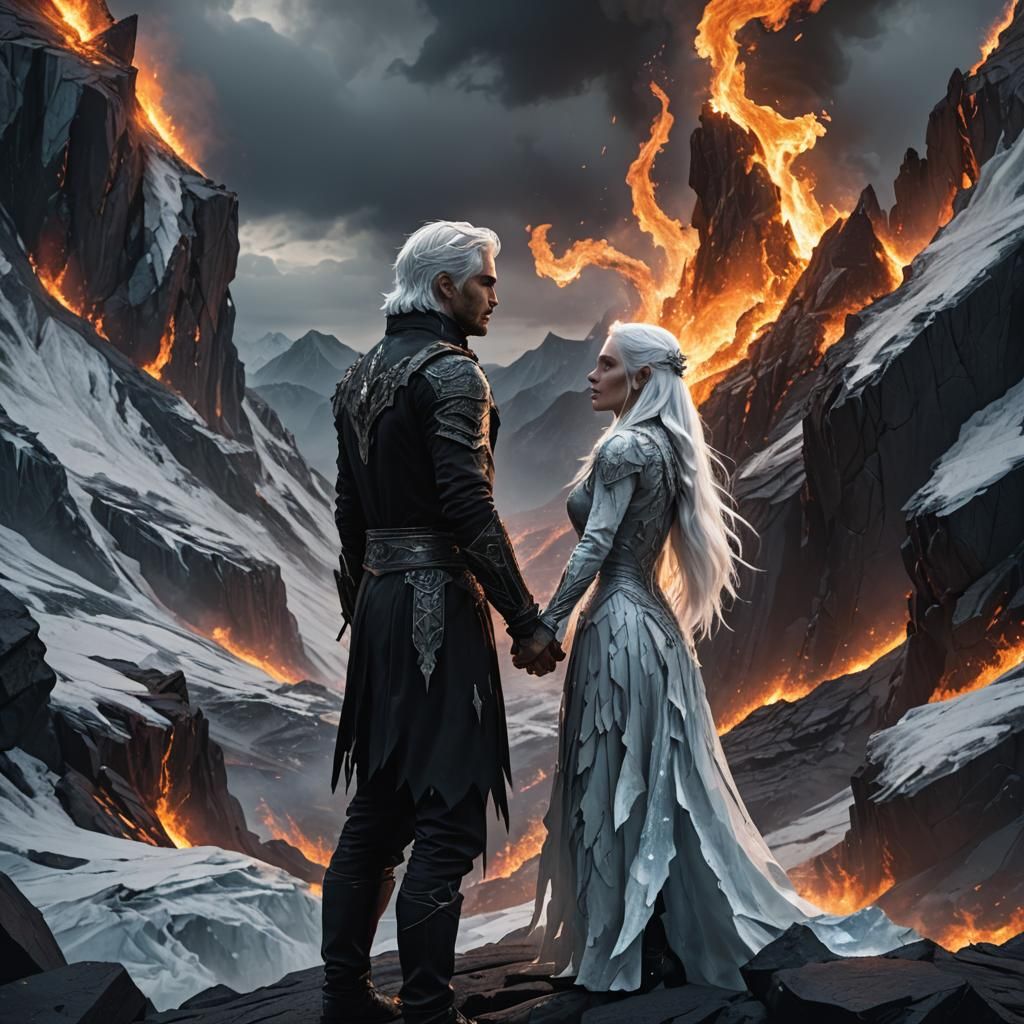 Elemental Lovers on Jagged Peak: Fantasy Art
