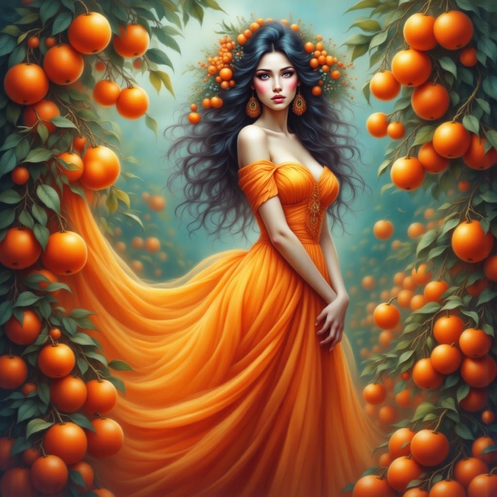 Young Woman in Orange Dress Amidst Oranges