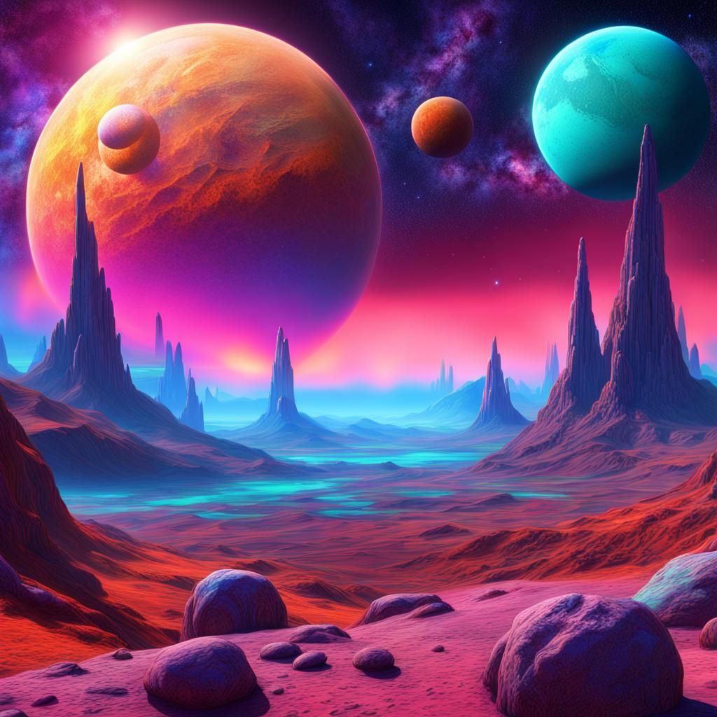 Alien Landscape with Distant Planets, Astral Illustration