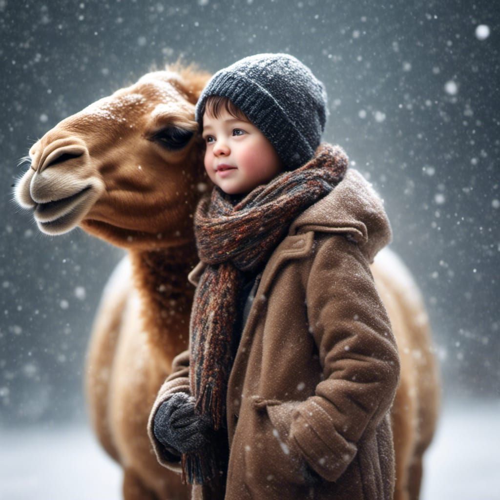 Boy and Foal Embrace in Winter Snow