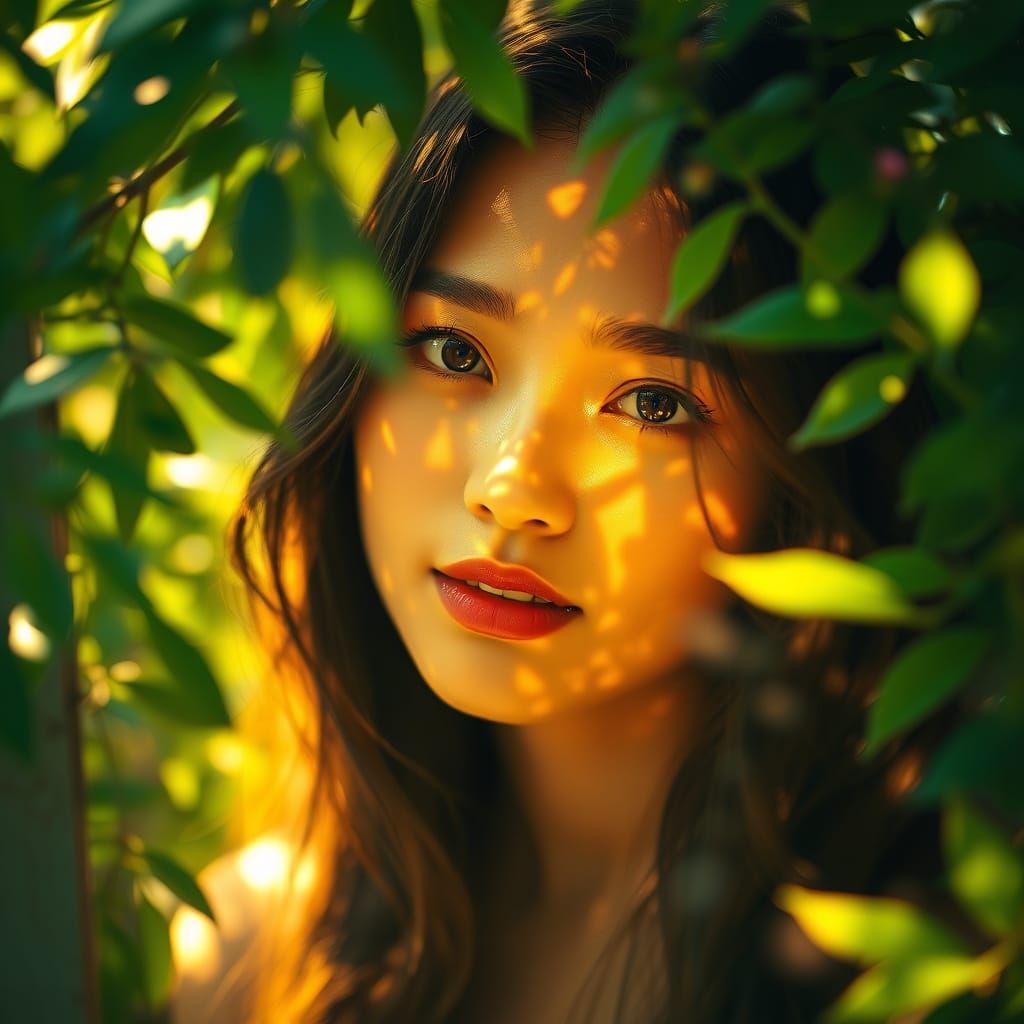 Dreamlike Portrait of a Woman in Lush Greenery with Soft, Et...