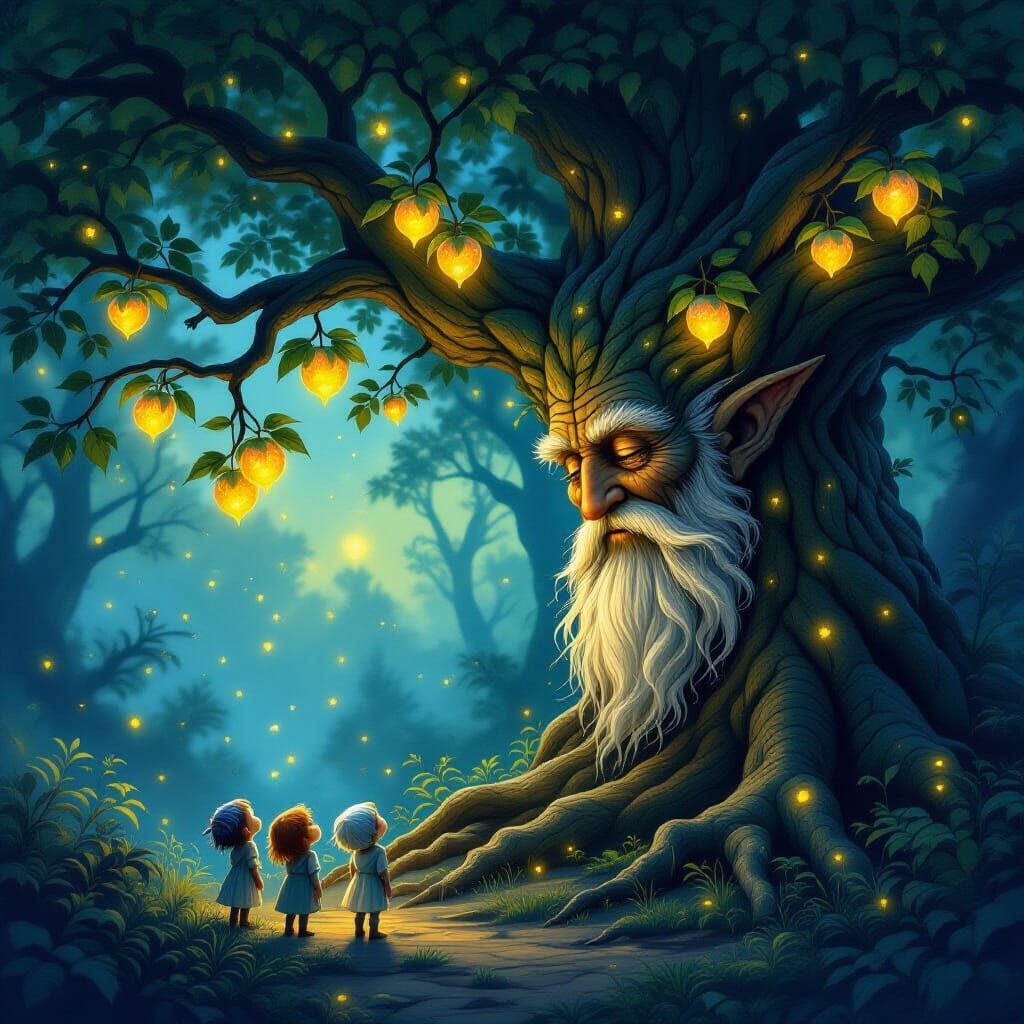 Wise Tree Spirit Offers Glowing Fruit to Sprites in Enchante...