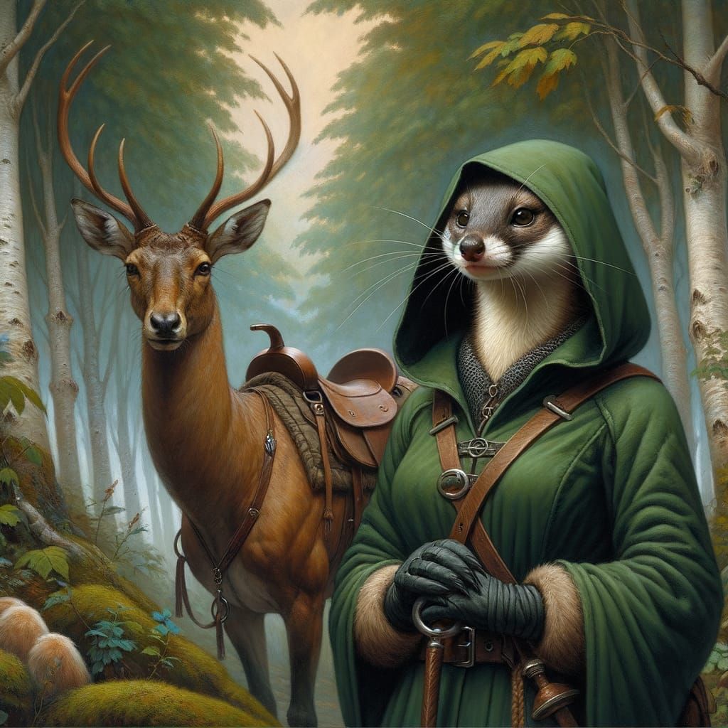 Stoat Hunter in Deciduous Forest, Oil on Canvas