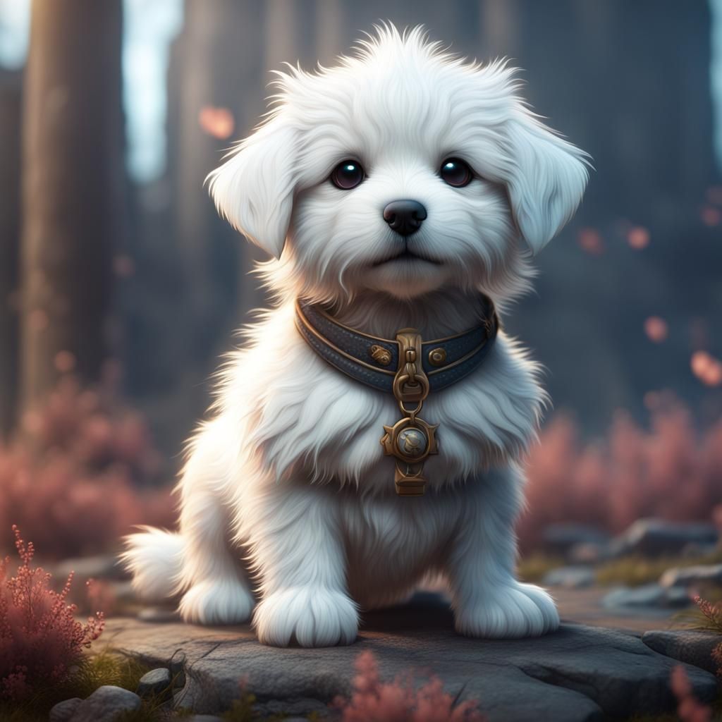 Cute White Puppy: Detailed Digital Art