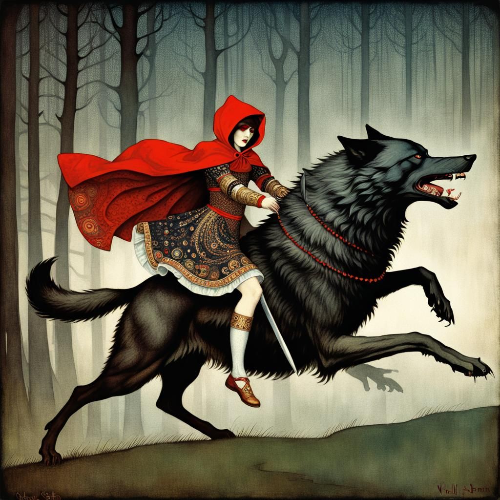 Warrior Red Riding Hood vs Wolf in Klimt Style