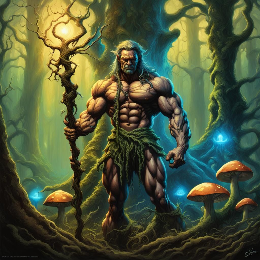 Mystical Bodybuilder Dryad in Enchanted Forest
