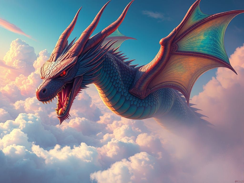 Iridescent Dragon Soaring Through Mystical Sky