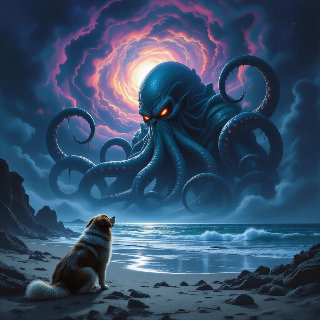 Cosmic Horror: Cthulhu vs Terrified Dog on Alien Shore