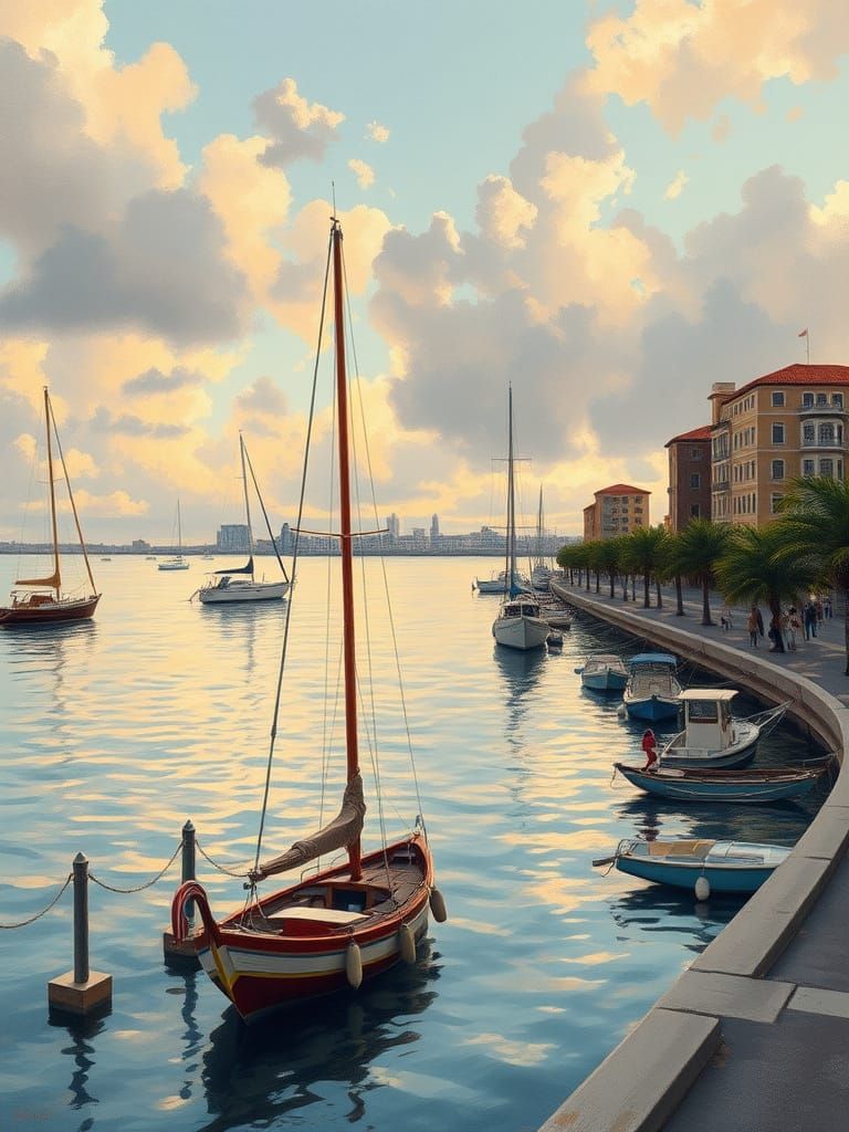 Retro Sunset Over Tranquil Harbor Scene