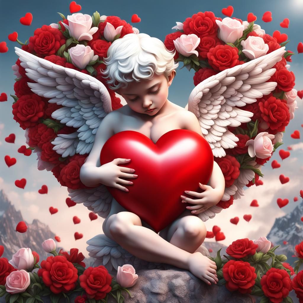 Airbrushed Valentine Cupid Cuddling a Heart