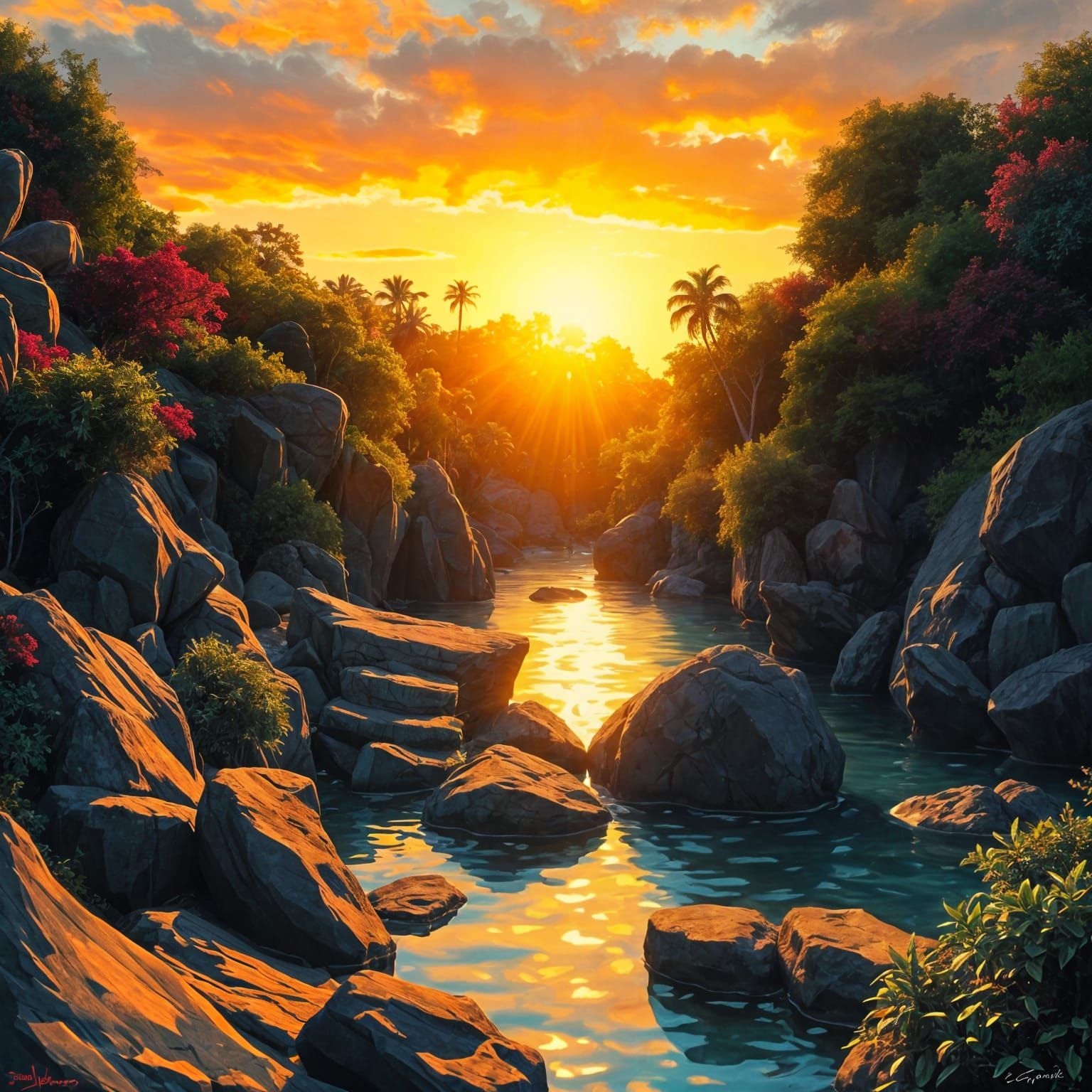 Sunset Over Exotic Waters with Stones and Vibrant Vegetation...