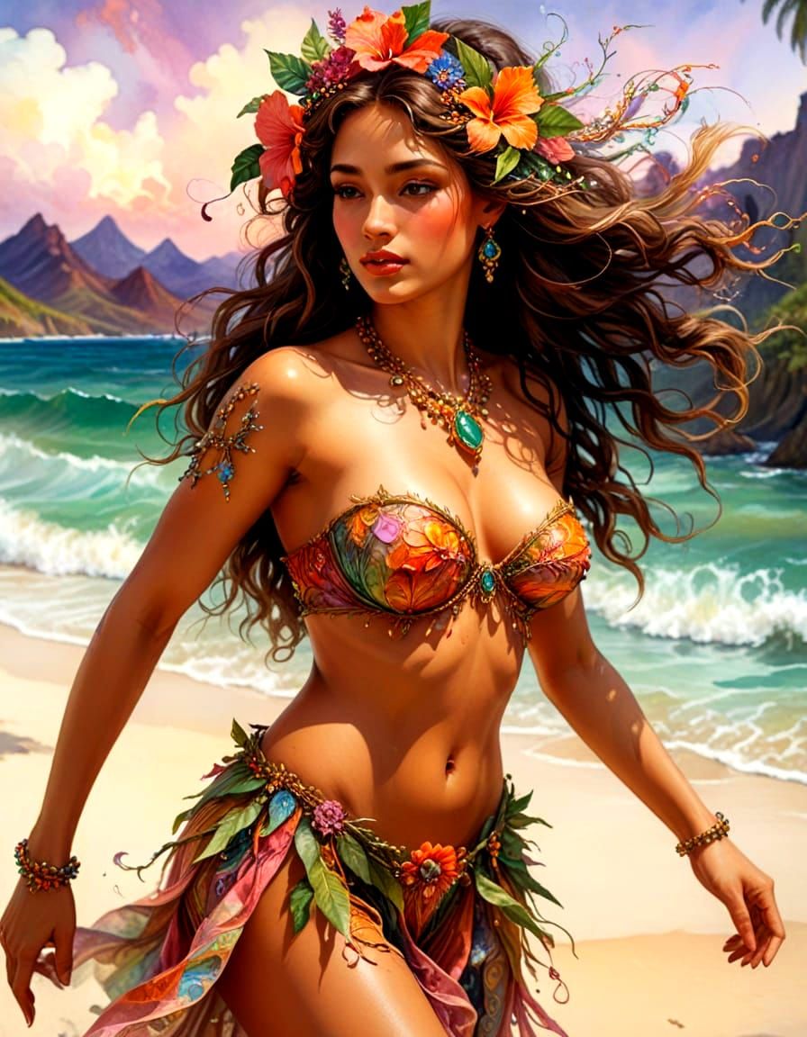 Hula Dancer on Beach at Sunset, Maximalist Oil and Watercolo...