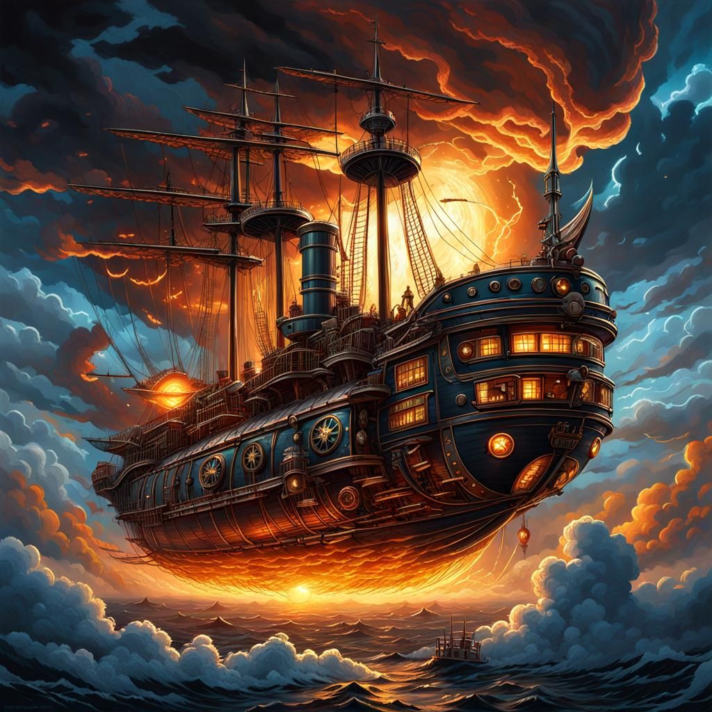 Steampunk Airship Ablaze in Stormy Skies