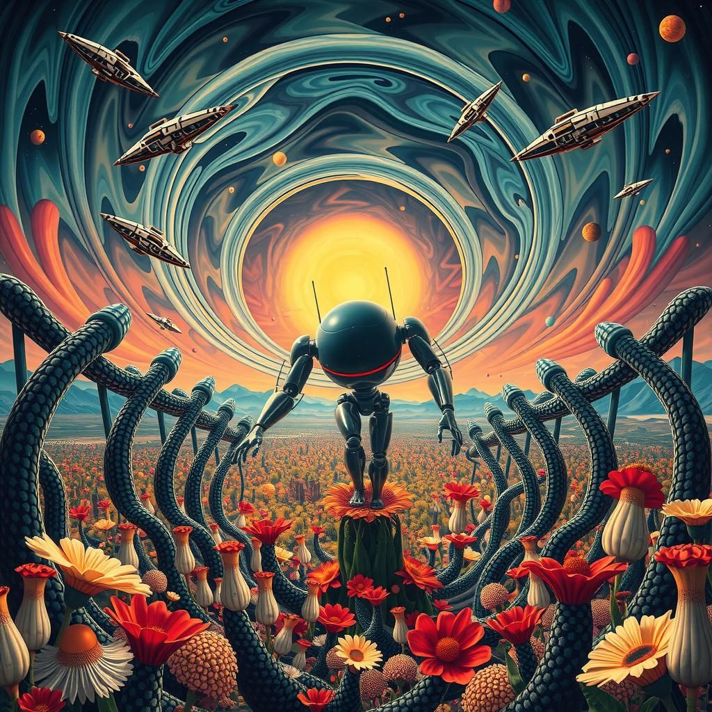 Surreal Landscape with Retro-Futurist Robot in Vortex