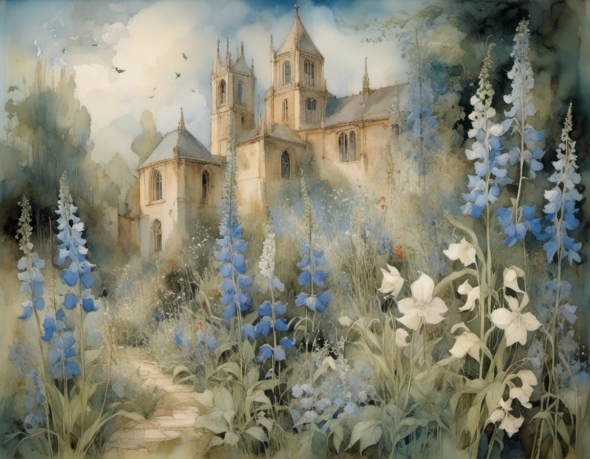 Monastery Garden with Delphinium and Monkshood Flowers