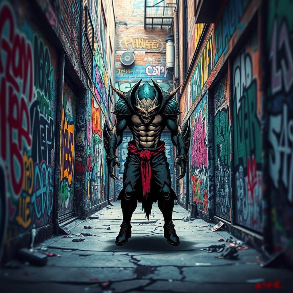 Urban Art Icon in a Graffiti-Laden Alleyway