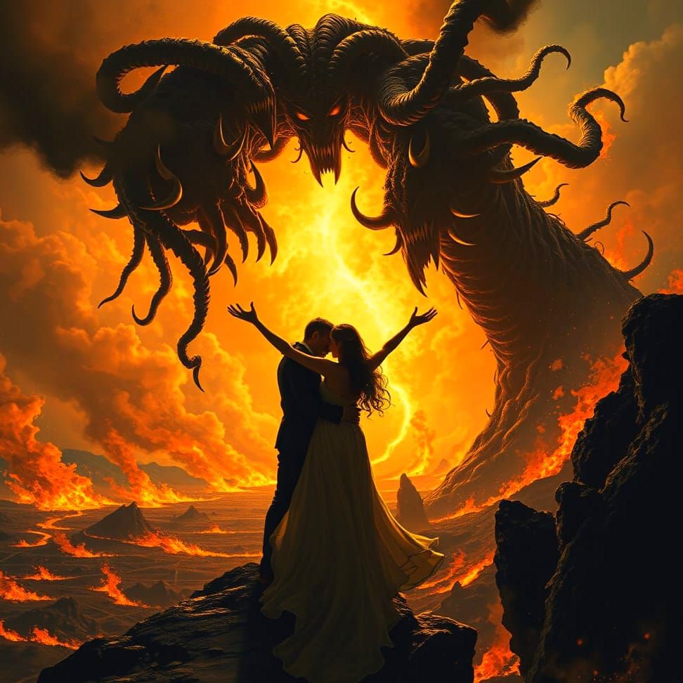 We're standing here by the abyss and the world is in flames. Two star crossed lovers reaching out to the beast with many...