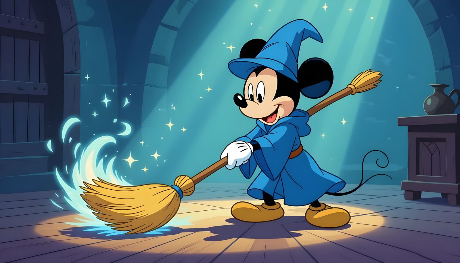 Mickey Mouse as Wizard Apprentice Sweeping with Enchanted Br...