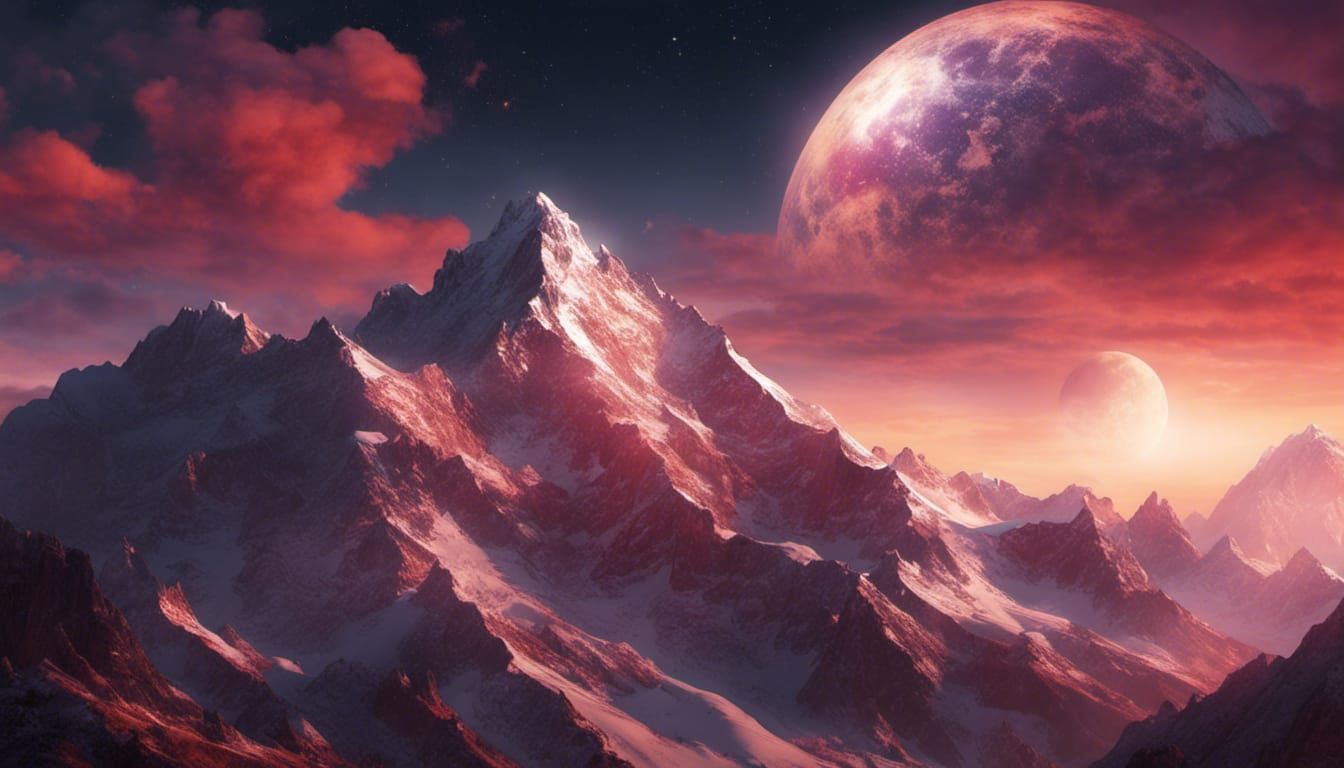 Snowy Mountain Peaks at Sunrise in Ethereal Style