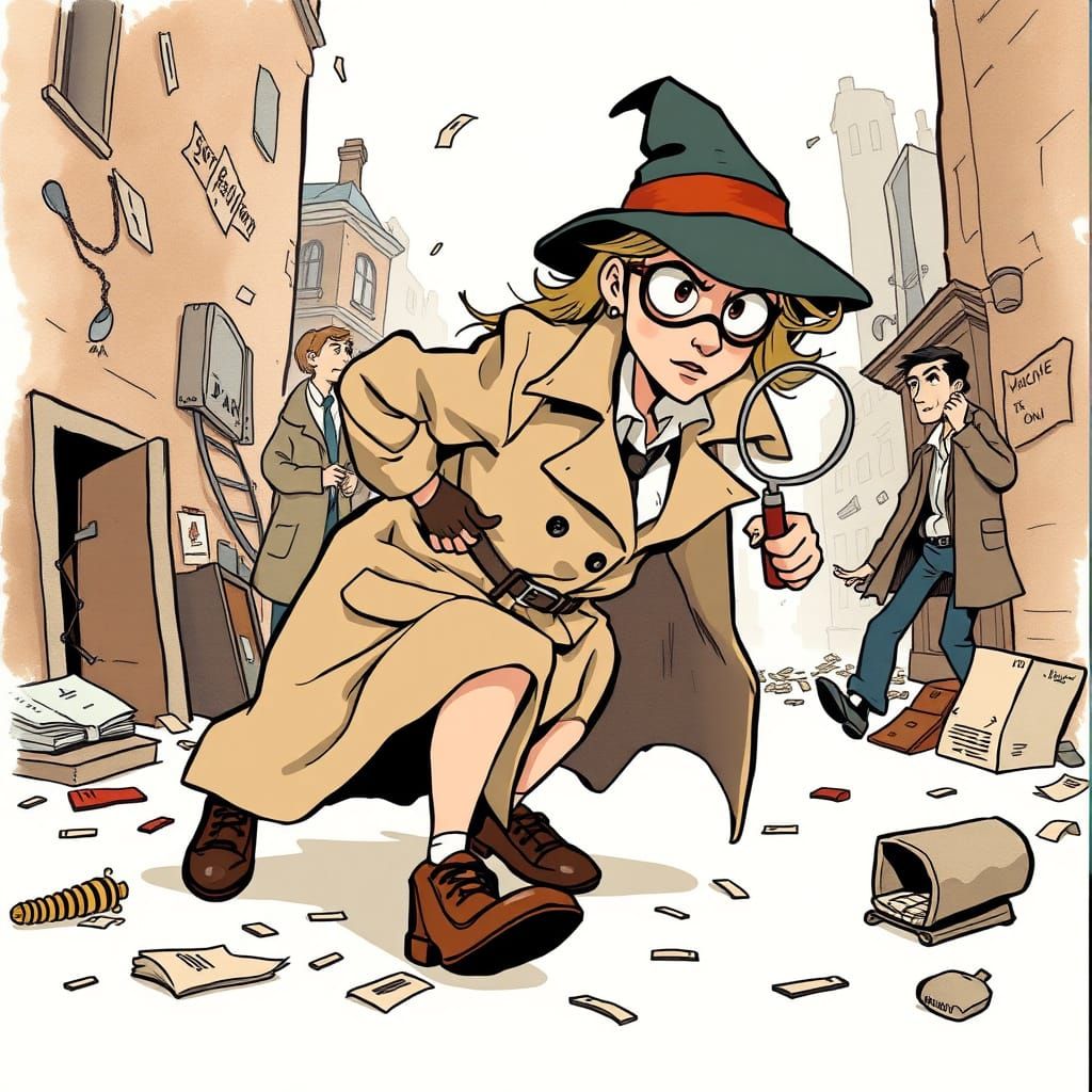 Comical Detective's Chaotic Clues: Watercolor Cartoon Style