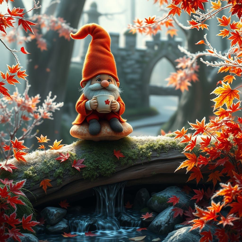 Cute Autumn Gnome Enjoying Tea Amidst Frosty Woodland